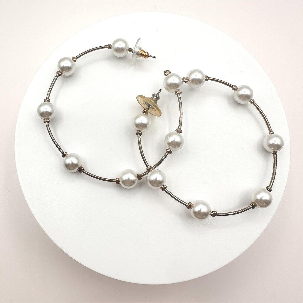 Vintage 90s White Faux Pearl Large Hoop Earrings Gold Tone Women's Jewelry